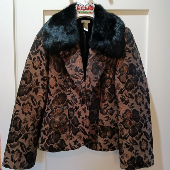 Cache Jackets & Blazers - Gorgeous Cache Bronze Black Metallic Floral Brocade Blazer Removable Fur Collar